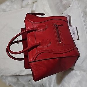 CELINE Coquelicot Drummed Calfskin Leather Mini Luggage Tote Bag